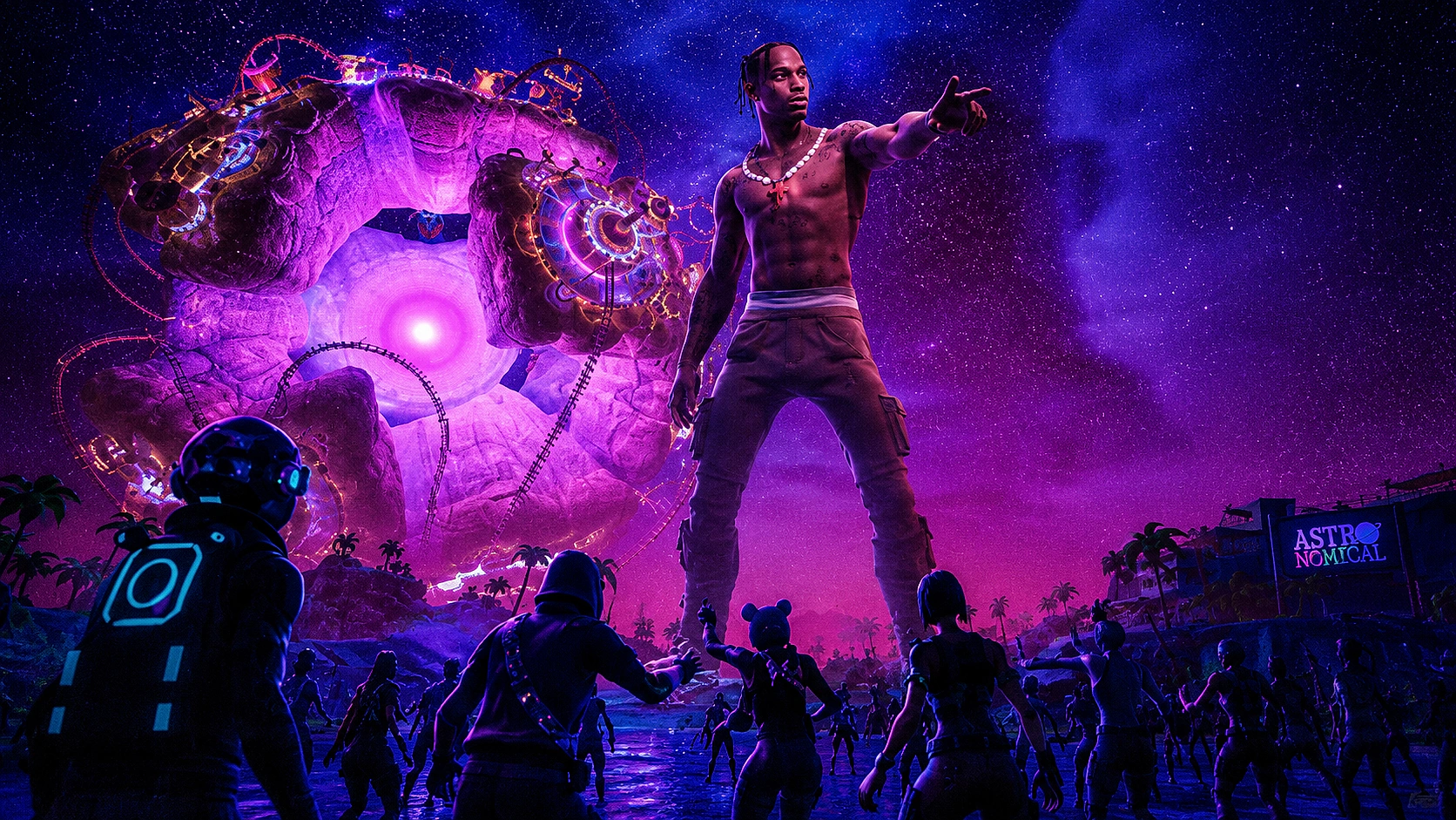 Fortnite Festival main stage — a performing artist above a packed crowd.